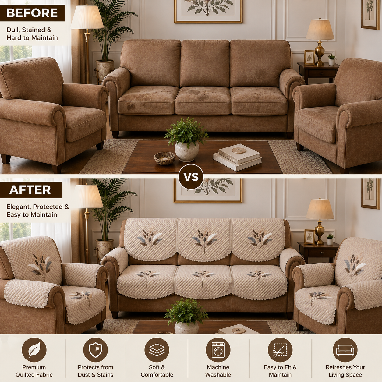 RichBox 10 Piece Sofa Seat Cover Set for 3+1+1 Sofa | 23 x 27 Inch DIY Cut-to-Fit | Ultrasonic Quilted Anti-Skid Sofa Protector | Washable Seat Covers