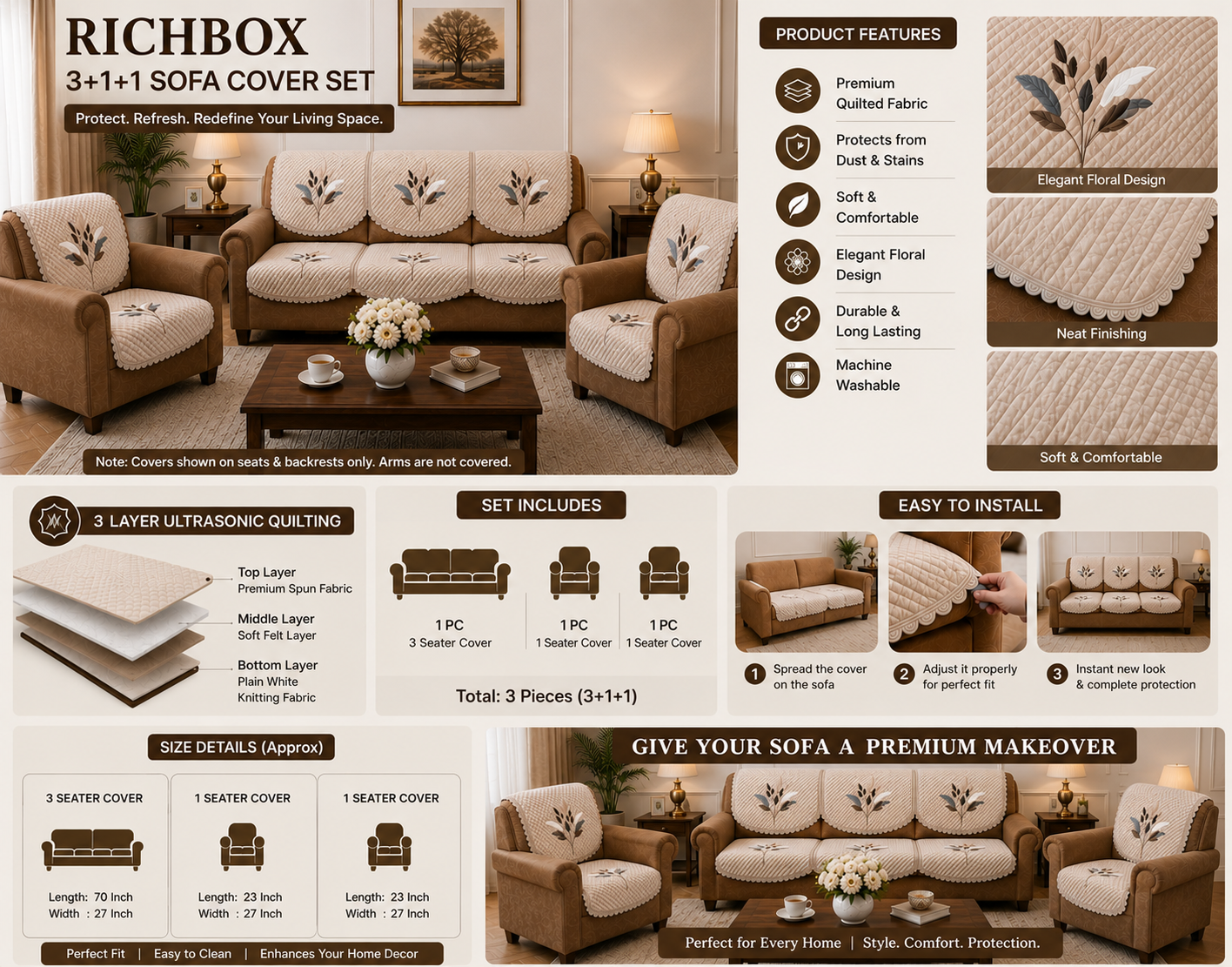RichBox 10 Piece Sofa Seat Cover Set for 3+1+1 Sofa | 23 x 27 Inch DIY Cut-to-Fit | Ultrasonic Quilted Anti-Skid Sofa Protector | Washable Seat Covers