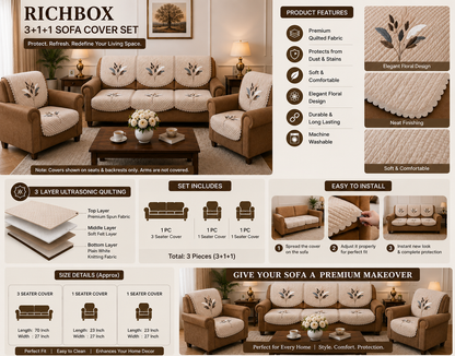 RichBox 10 Piece Sofa Seat Cover Set for 3+1+1 Sofa | 23 x 27 Inch DIY Cut-to-Fit | Ultrasonic Quilted Anti-Skid Sofa Protector | Washable Seat Covers