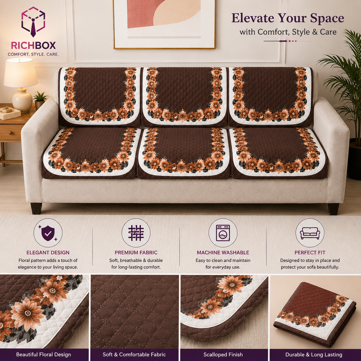 RichBox 10 Piece Sofa Seat Cover Set for 3+1+1 Sofa | 23 x 27 Inch DIY Cut-to-Fit | Ultrasonic Quilted Anti-Skid Sofa Protector | Washable Seat Covers