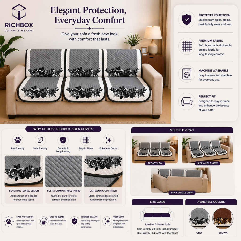 RichBox 10 Piece Sofa Seat Cover Set for 3+1+1 Sofa | 23 x 27 Inch DIY Cut-to-Fit | Ultrasonic Quilted Anti-Skid Sofa Protector | Washable Seat Covers