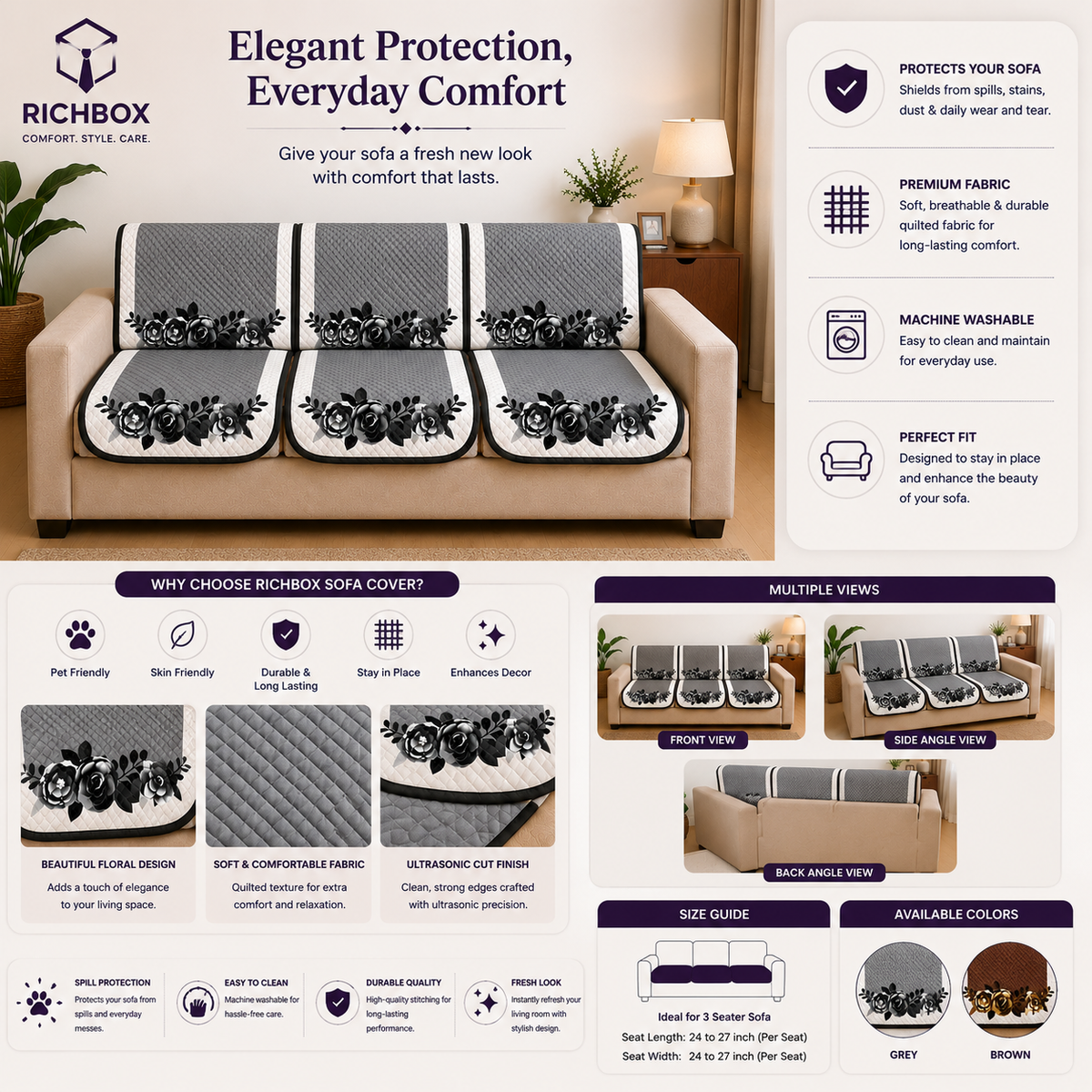 RichBox 10 Piece Sofa Seat Cover Set for 3+1+1 Sofa | 23 x 27 Inch DIY Cut-to-Fit | Ultrasonic Quilted Anti-Skid Sofa Protector | Washable Seat Covers