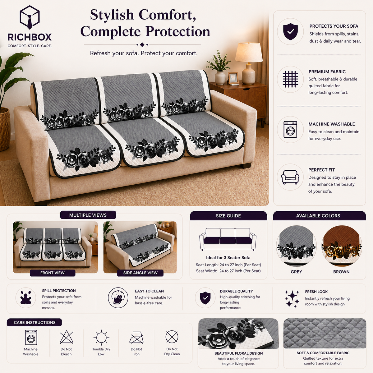 RichBox 10 Piece Sofa Seat Cover Set for 3+1+1 Sofa | 23 x 27 Inch DIY Cut-to-Fit | Ultrasonic Quilted Anti-Skid Sofa Protector | Washable Seat Covers