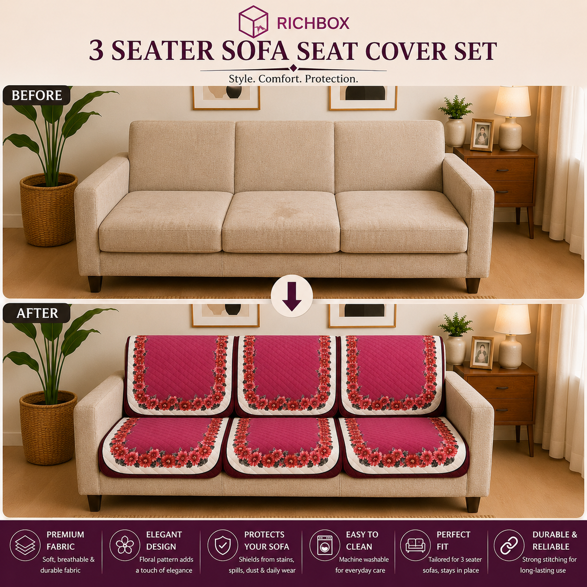 RichBox 10 Piece Sofa Seat Cover Set for 3+1+1 Sofa | 23 x 27 Inch DIY Cut-to-Fit | Ultrasonic Quilted Anti-Skid Sofa Protector | Washable Seat Covers