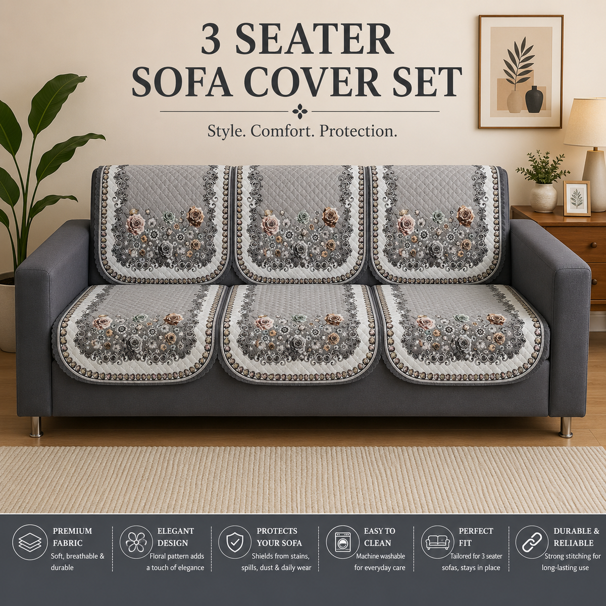 RichBox 10 Piece Sofa Seat Cover Set for 3+1+1 Sofa | 23 x 27 Inch DIY Cut-to-Fit | Ultrasonic Quilted Anti-Skid Sofa Protector | Washable Seat Covers