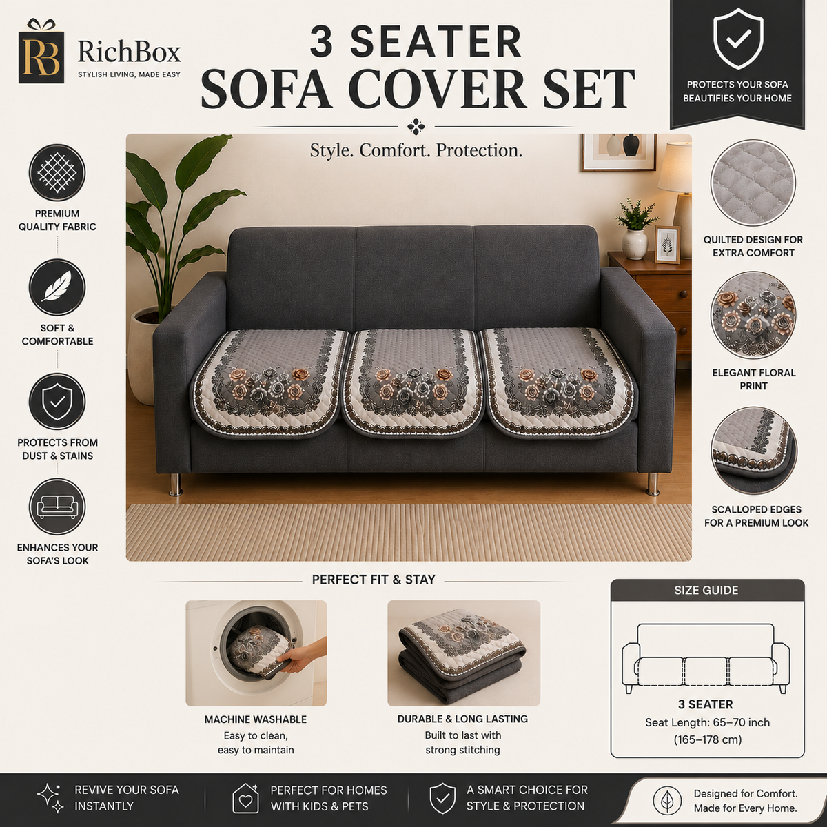 RichBox 10 Piece Sofa Seat Cover Set for 3+1+1 Sofa | 23 x 27 Inch DIY Cut-to-Fit | Ultrasonic Quilted Anti-Skid Sofa Protector | Washable Seat Covers