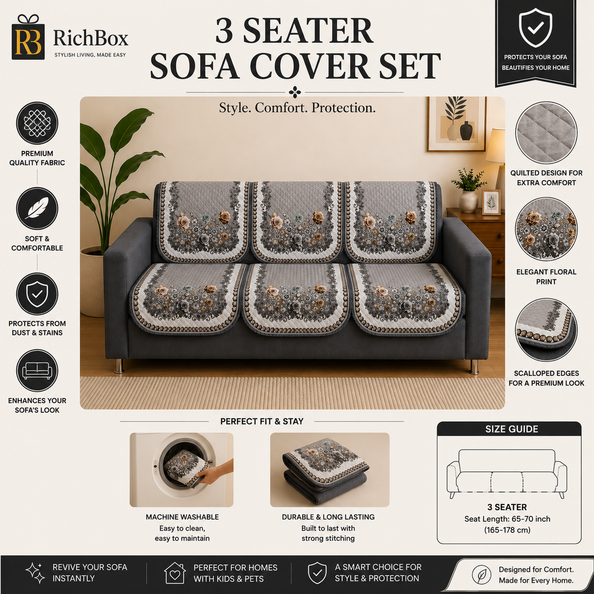 RichBox 10 Piece Sofa Seat Cover Set for 3+1+1 Sofa | 23 x 27 Inch DIY Cut-to-Fit | Ultrasonic Quilted Anti-Skid Sofa Protector | Washable Seat Covers