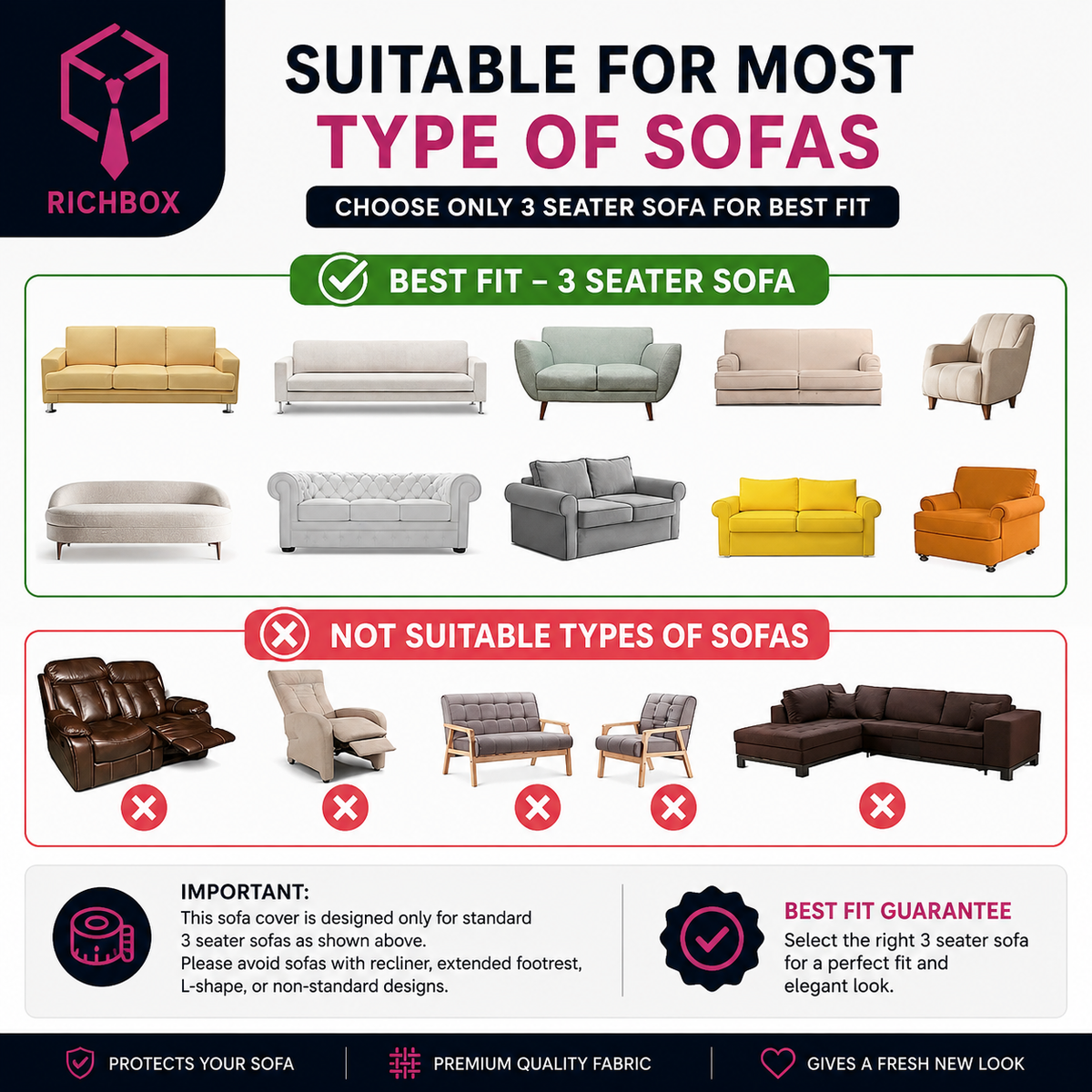 RichBox 10 Piece Sofa Seat Cover Set for 3+1+1 Sofa | 23 x 27 Inch DIY Cut-to-Fit | Ultrasonic Quilted Anti-Skid Sofa Protector | Washable Seat Covers