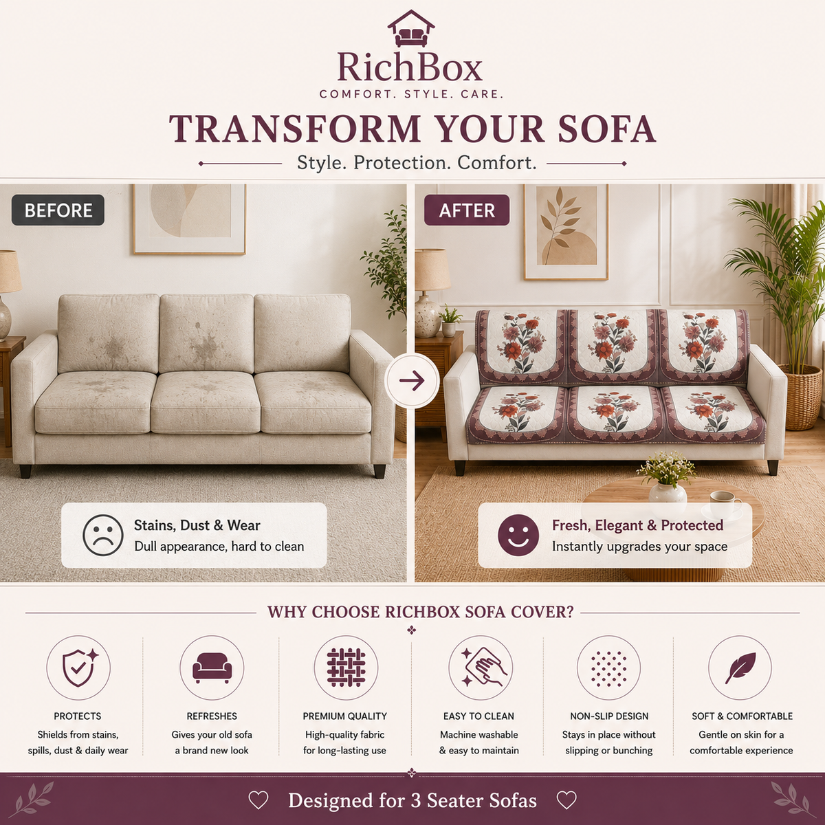 RichBox 10 Piece Sofa Seat Cover Set for 3+1+1 Sofa | 23 x 27 Inch DIY Cut-to-Fit | Ultrasonic Quilted Anti-Skid Sofa Protector | Washable Seat Covers
